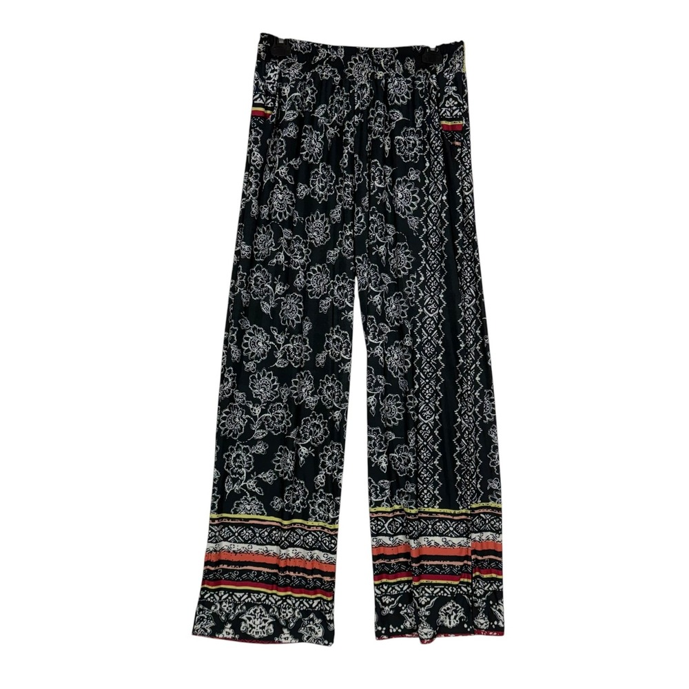 WinWin Pants Womens L Black Floral Wide Leg Jersey Pull On Stretch Boho Casual
